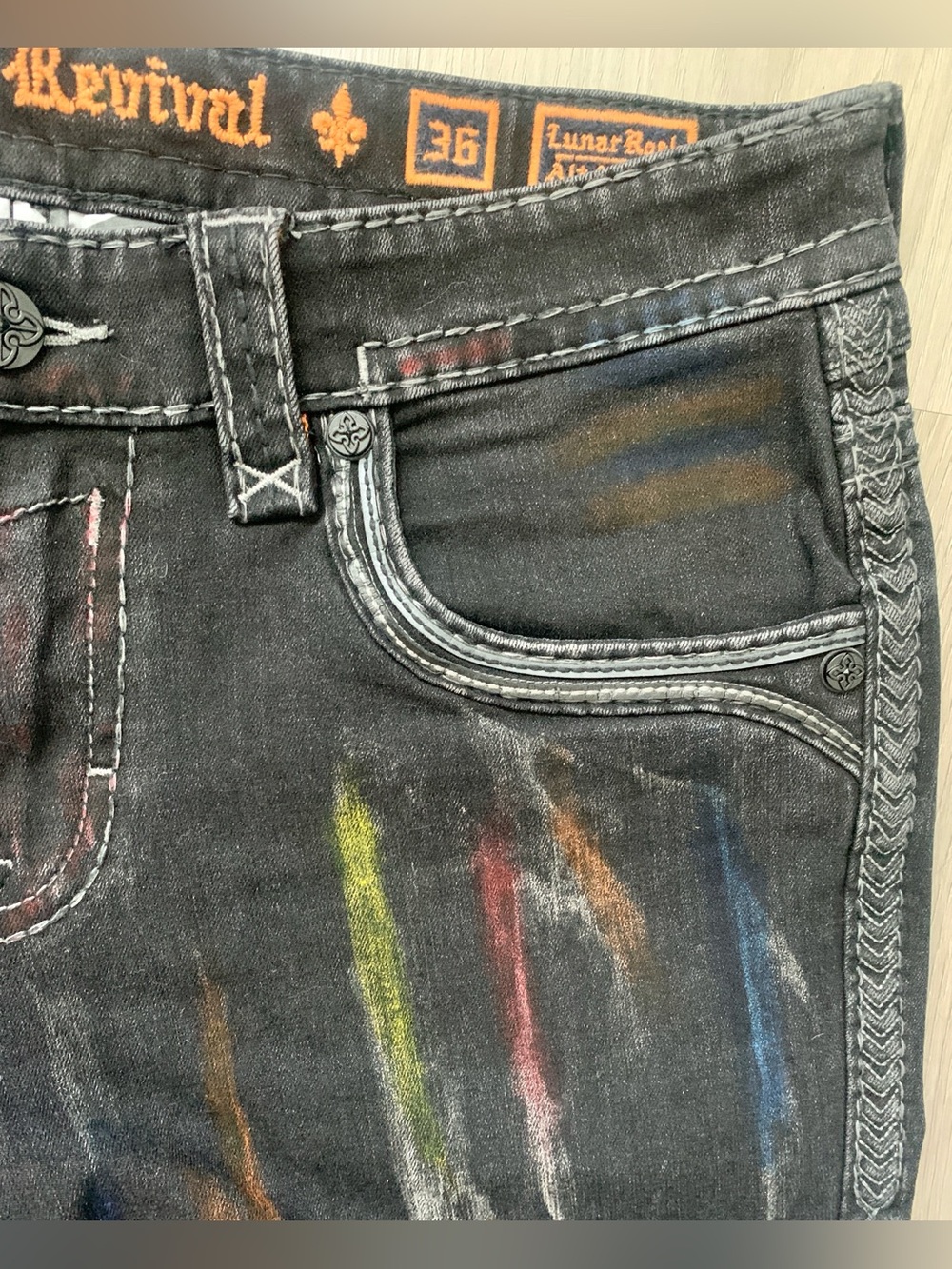 Rock Revival Lunar Rock Alt Straight Men’s Black Jeans with Multicolor Streaks - Picture 10 of 16